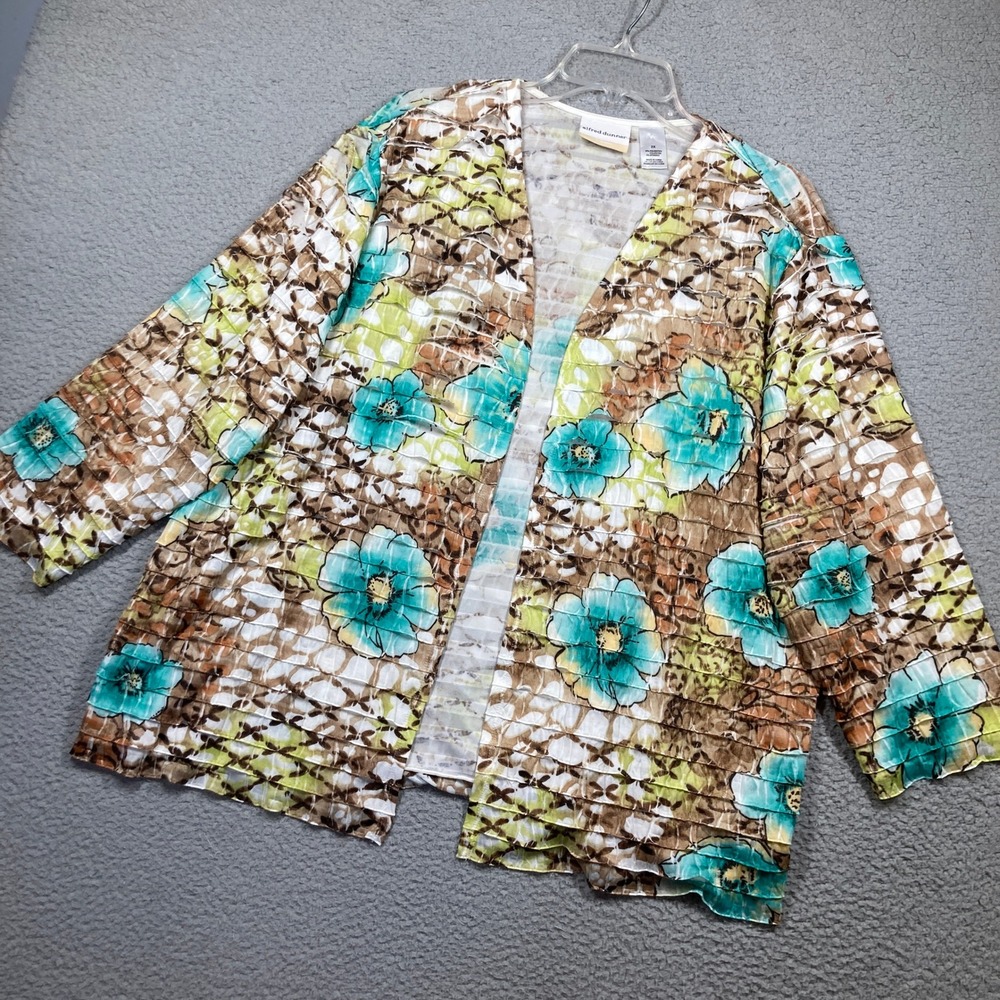 Alfred Dunner‎ Cardigan Sweater Women 2X Brown Teal Floral Open Front Ruffle